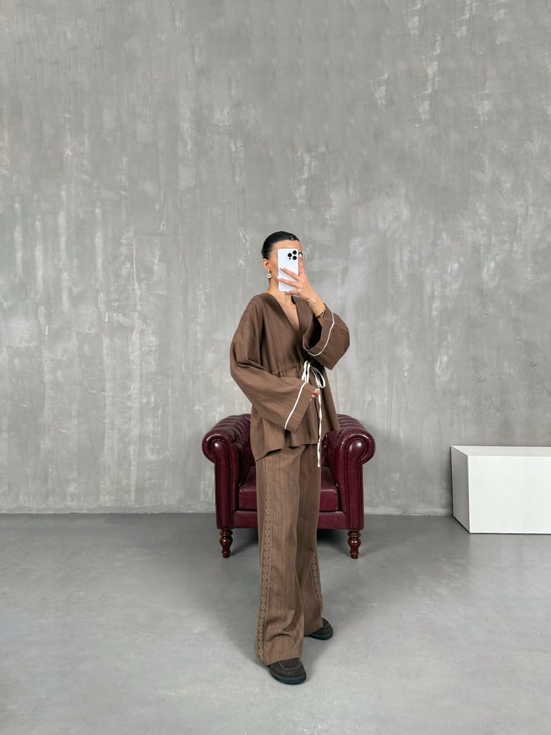 Kahve Bağlamalı Keten Kimono Takım Gaus00034