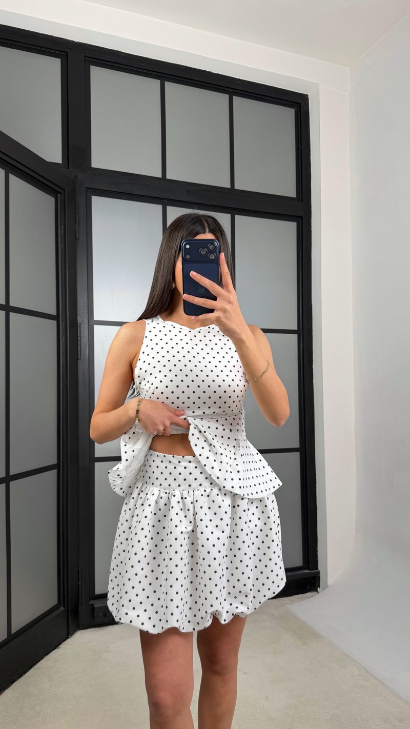 Beyaz Puantiye Desenli Etek Bluz İkili Takım PNY07 GAUS-01340