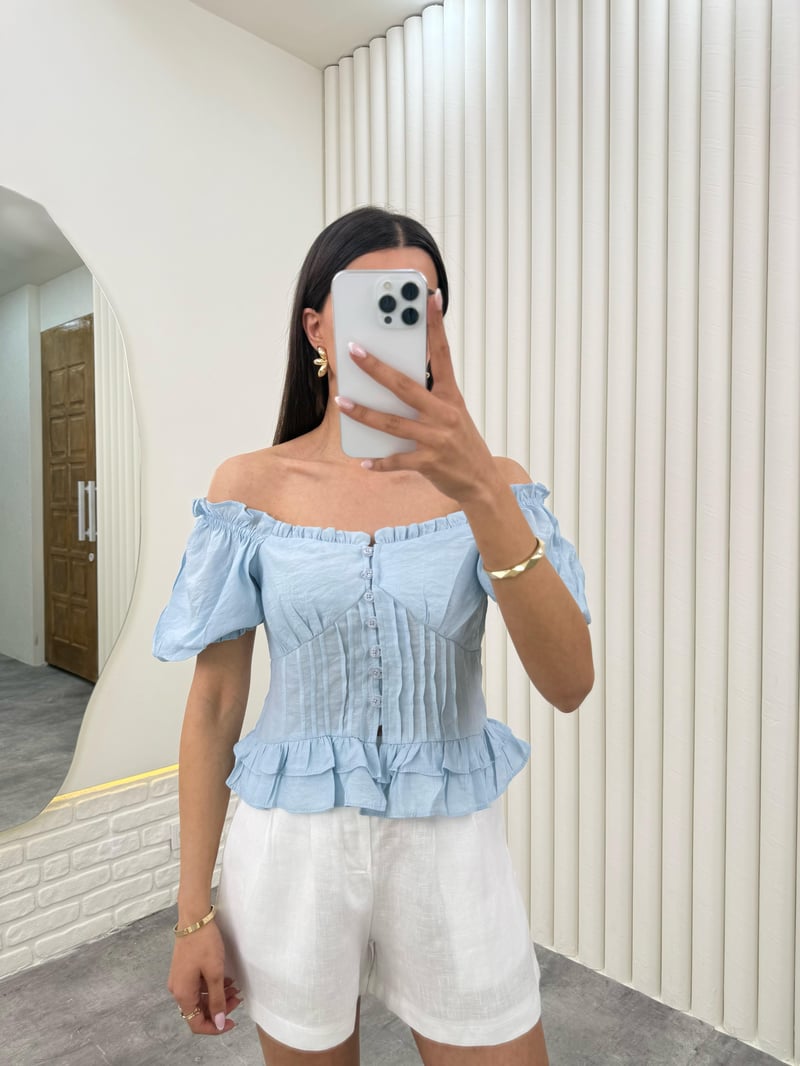 Mavi Balon Kol Önü Düğmeli Fırfırlı Crop Bluz Gaus00279