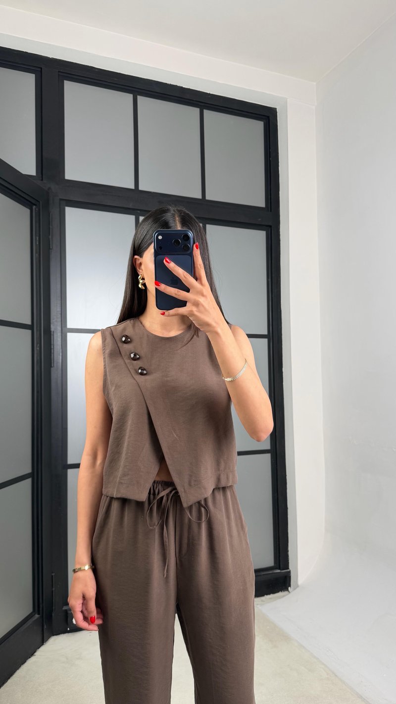 Kahve Yelek Beli Lastikli Pantolon Premium Takım GAUS-01538