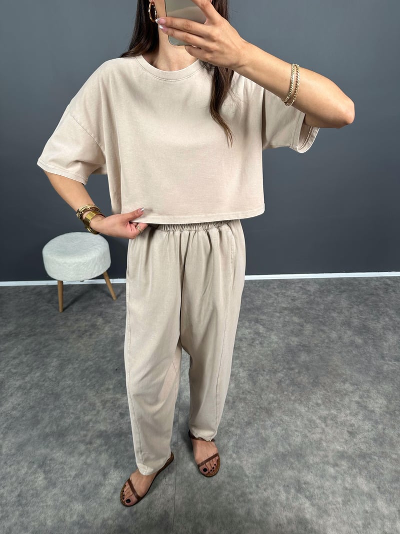 Ava Taş Yıkama Tshirt Pantolon İkili Takım 