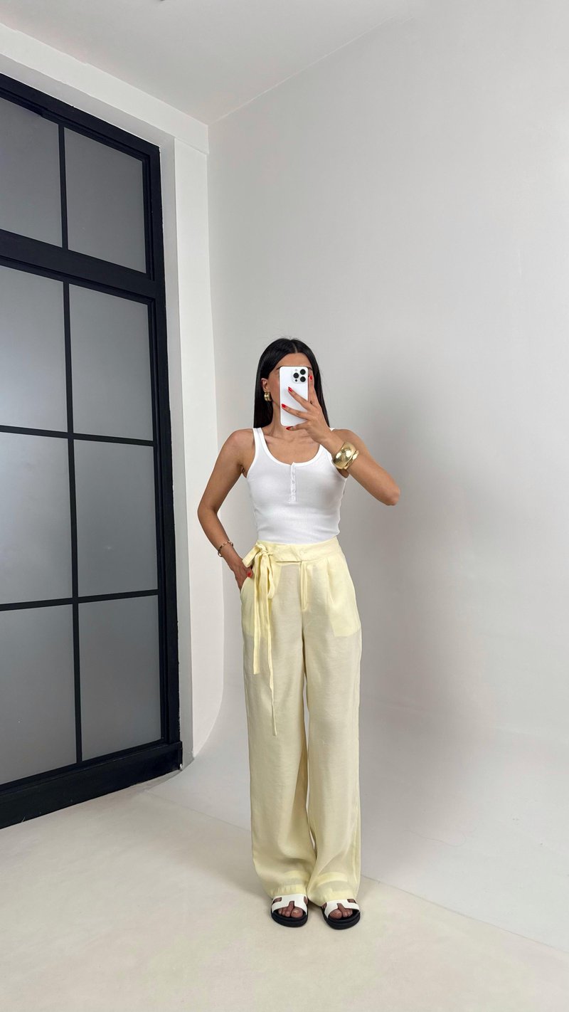 Sarı Yan Bağlamalı Tasarım Tencel Pantolon Gaus00500