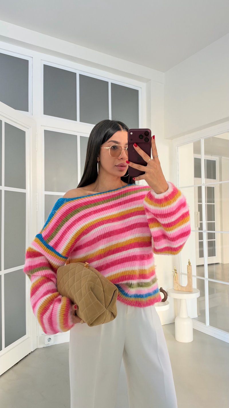 Pembe Kayık Yaka Şeritli Triko Kazak GAUS-02278