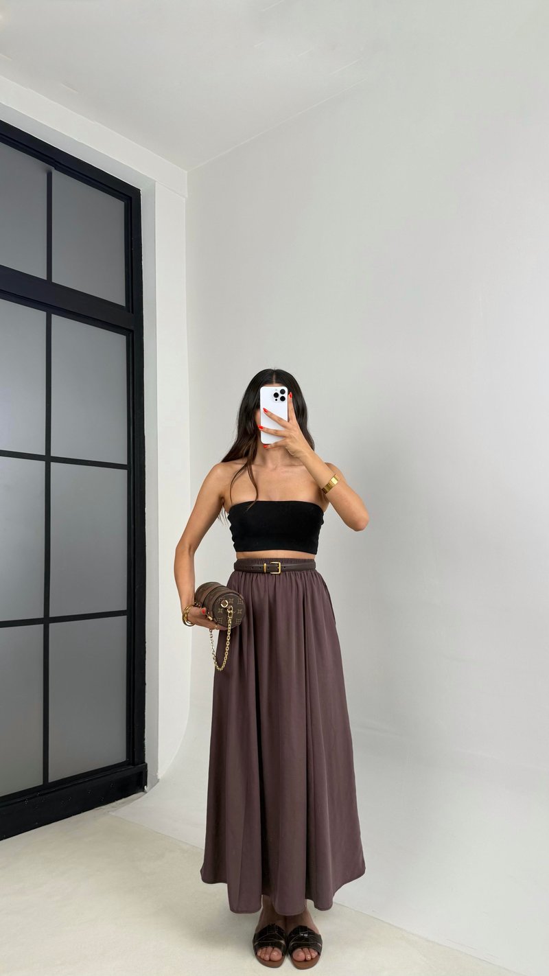 Kahve Cep Detaylı Basic Tencel Etek GAUS-0045