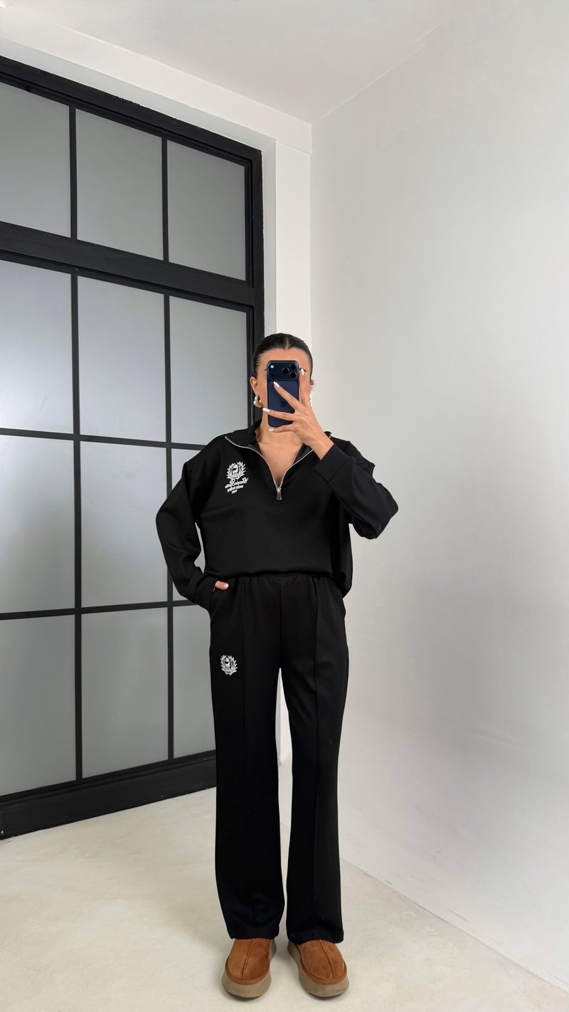 Siyah Fermuarlı Baskılı Sweatshirt Beli Lastikli Eşofman İkili Takım GAUS-00597