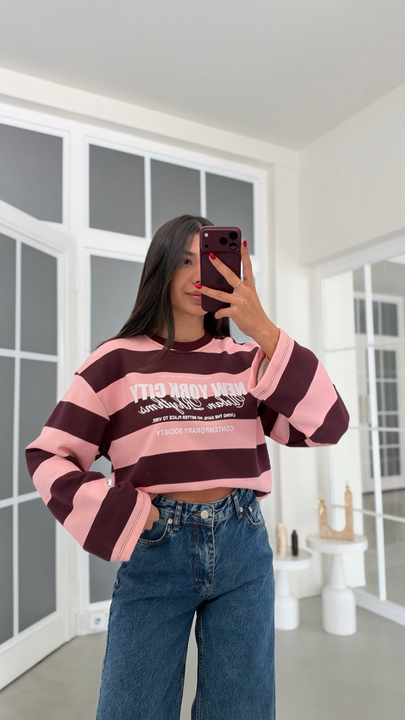 Pembe Şeritli Baskılı Sweatshirt GAUS-02121 GAUS-02311