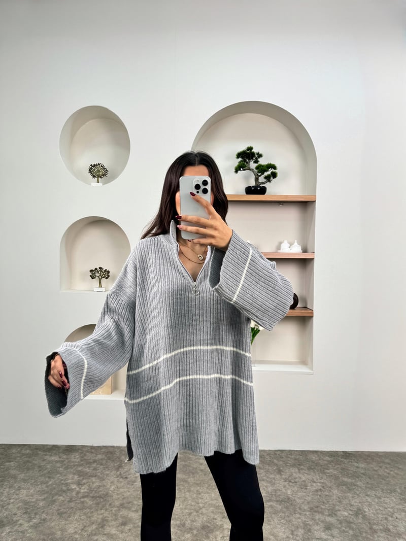 Leno Gri Fermuarlı Oversize Triko Kazak