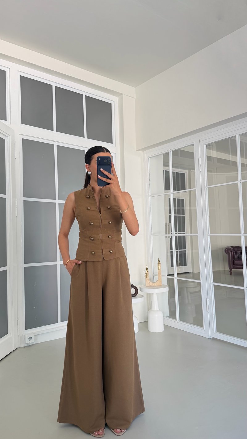 Kahve Düğme Detaylı Ceket Pantolon İkili Keten Takım GAUS-01739