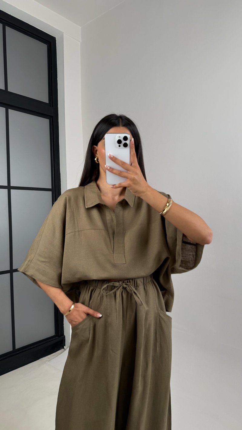 Haki Polo Yaka Yarasa Kol Bluz Şalvar Pantolon Md Muadil Premium Keten Takım Gaus00542