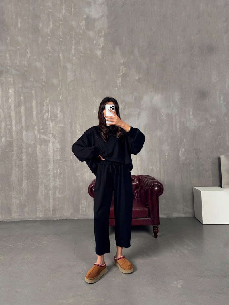 Serge Siyah Oys Kumaş Oversize İkili Takım 
