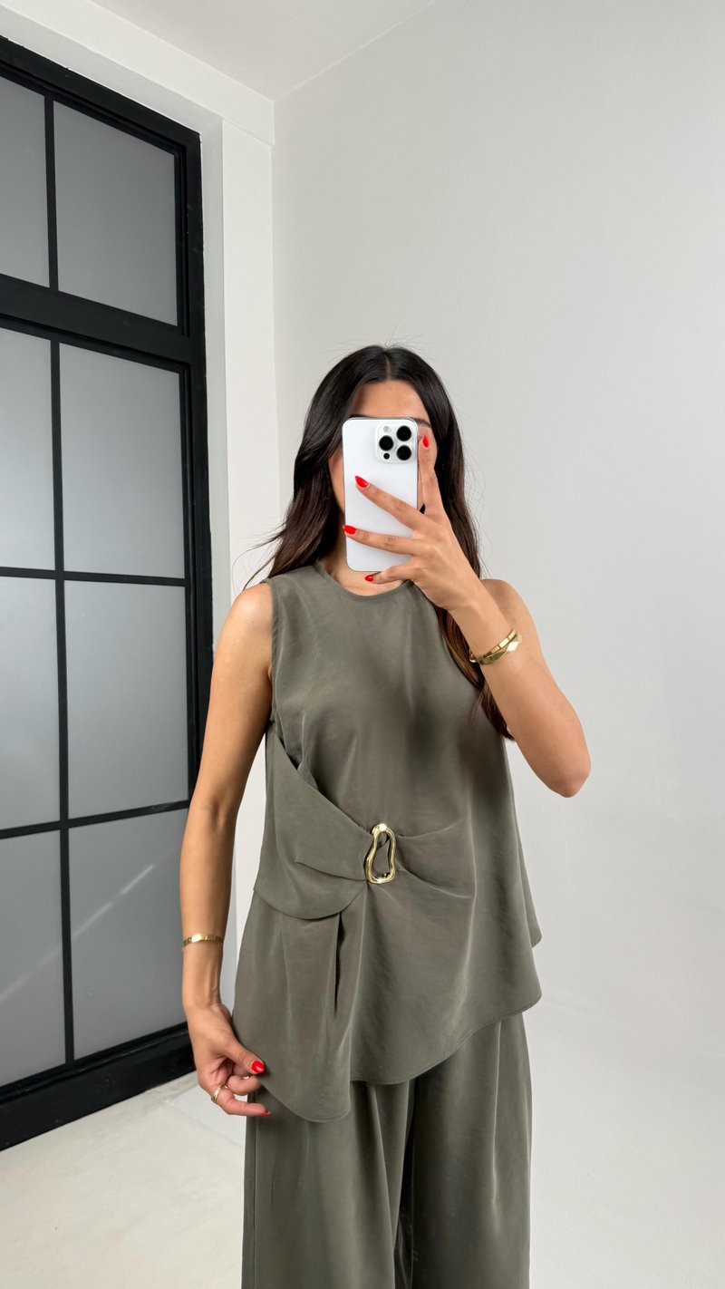 Haki Gold Detaylı Bluz Balon Pantolon İkili Tencel Takım Gaus00510