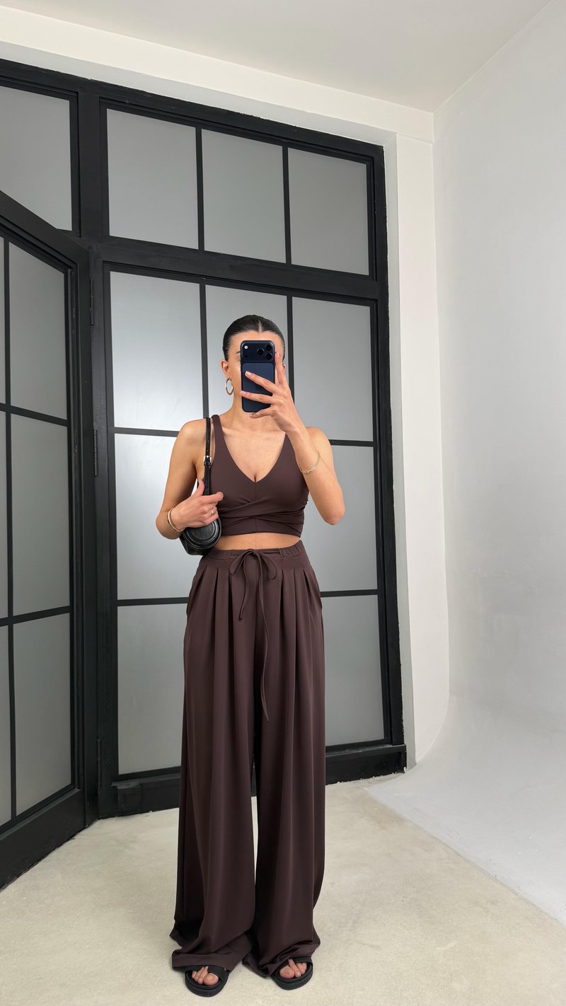 Acı Kahve OYS Model Pedli  Crop Beli Lastikli Pantolon İkili Takım GAUS-01441