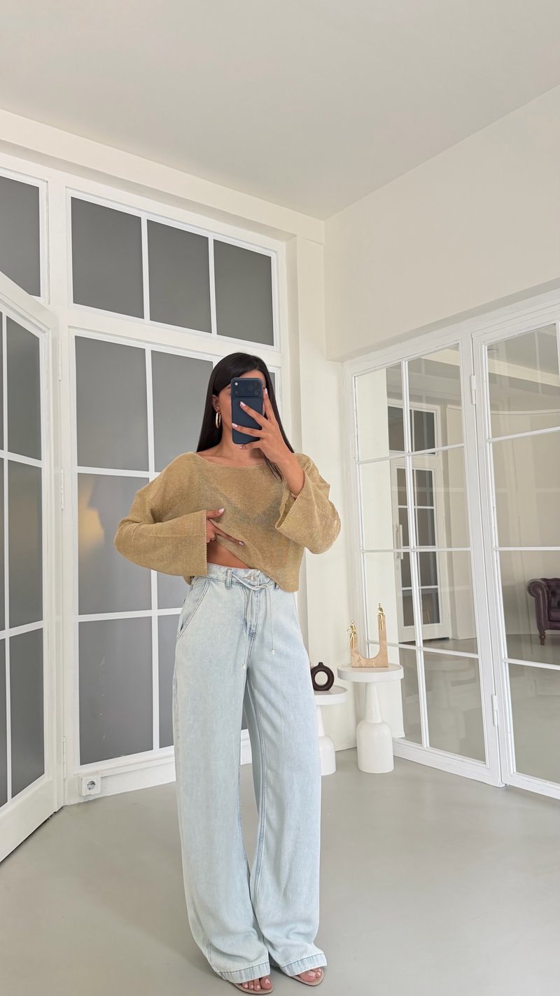 Buz Mavi Kuşaklı Tencel Denim Pantolon GAUS-01617