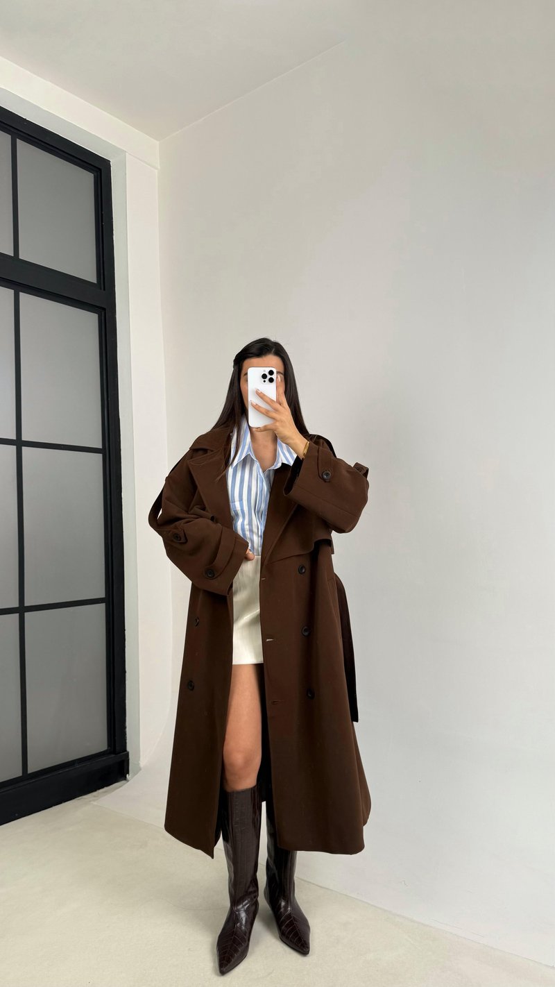 Kahve Kuşaklı Astarlı Cepli Premium Uzun Trençkot GAUS-00119
