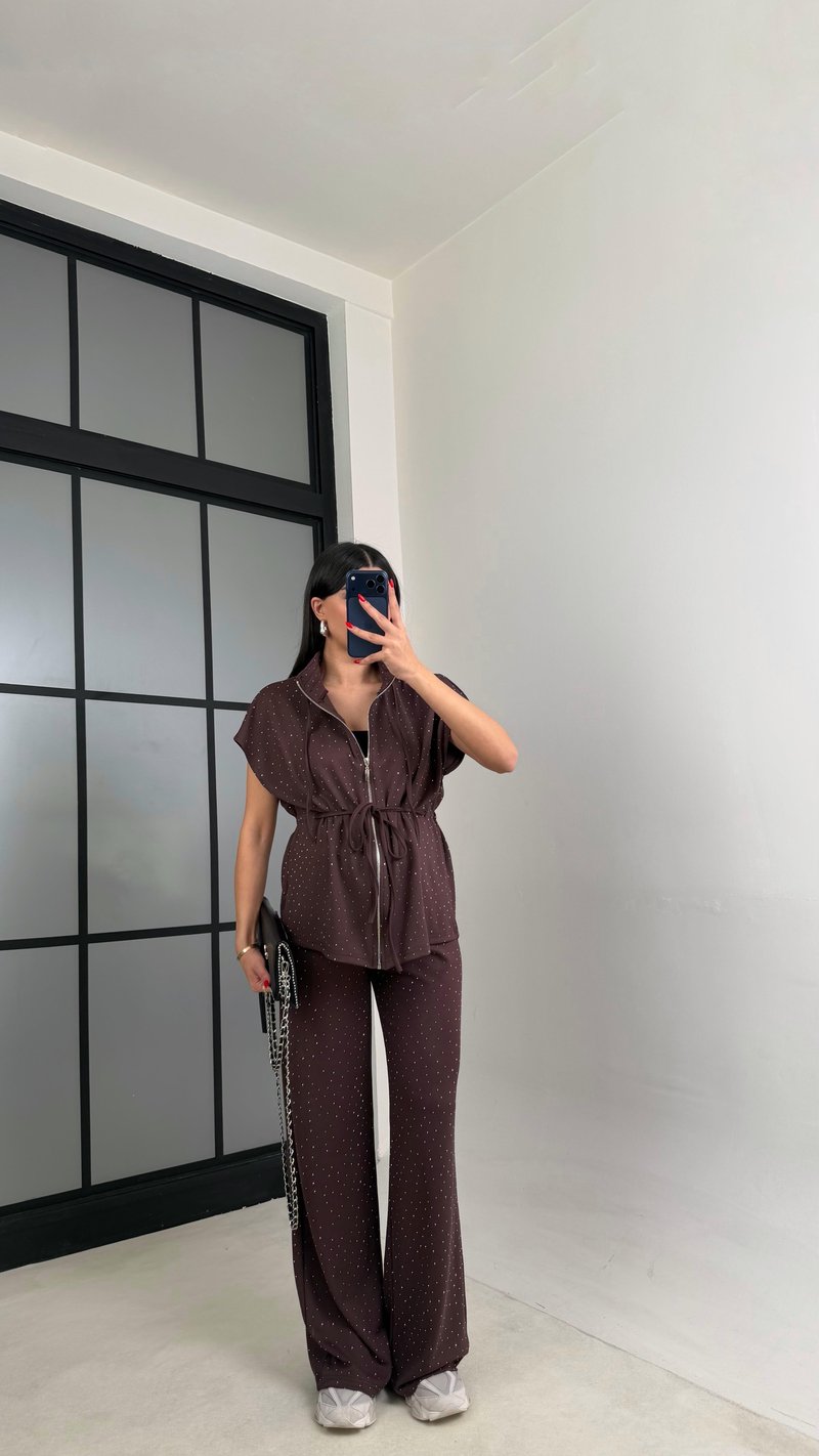 Kahve Beli Lastikli Hırka Pantolon Taşlı Modal Takım GAUS-01064