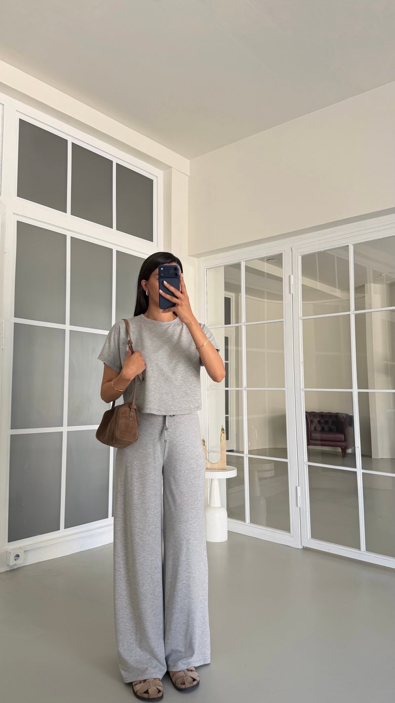 Gri Bluz Beli Lastikli Pantolon İkili Basic Takım GAUS-01712