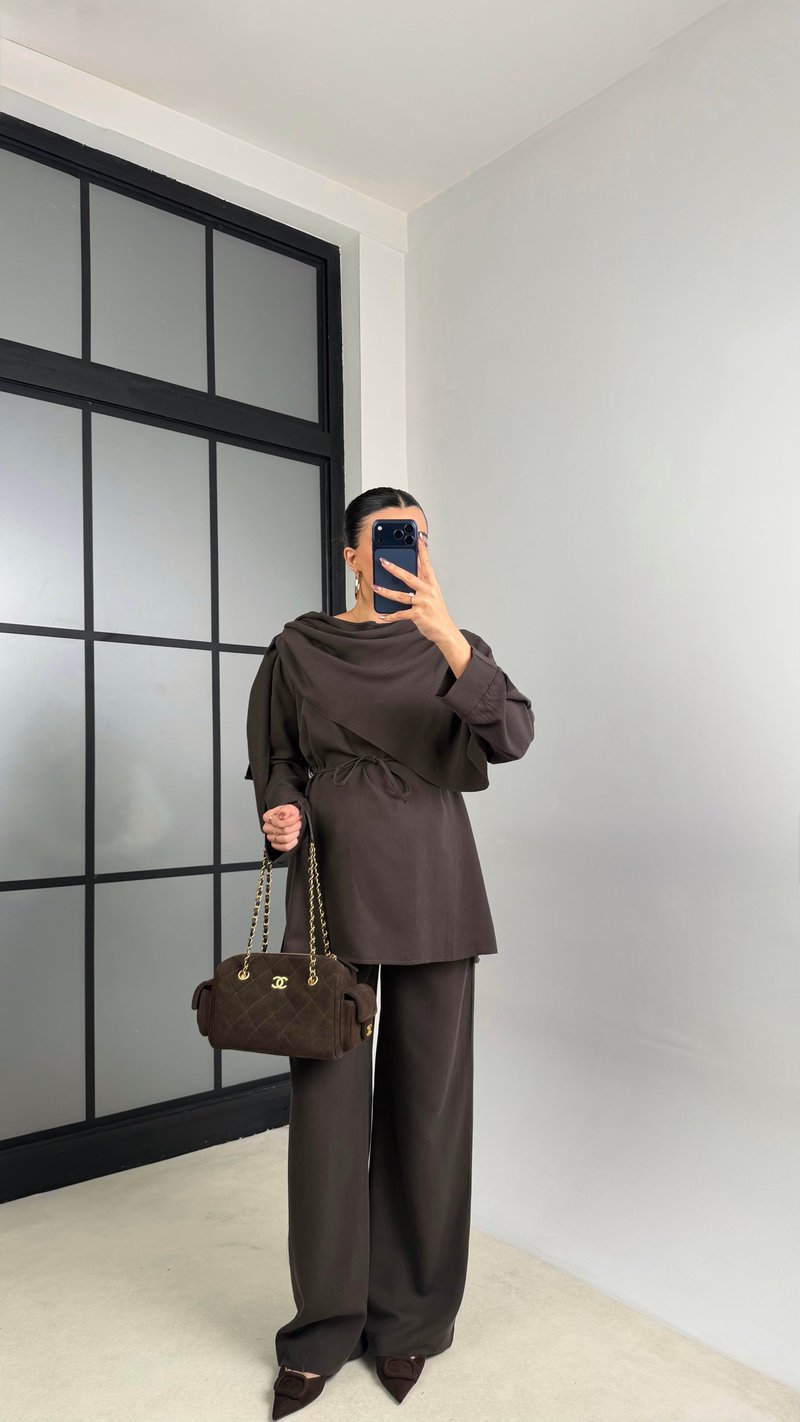 Acı Kahve Şal Detaylı Belden Kuşaklı Beli Lastikli İthal Kumaş İkili Takım GAUS-01154