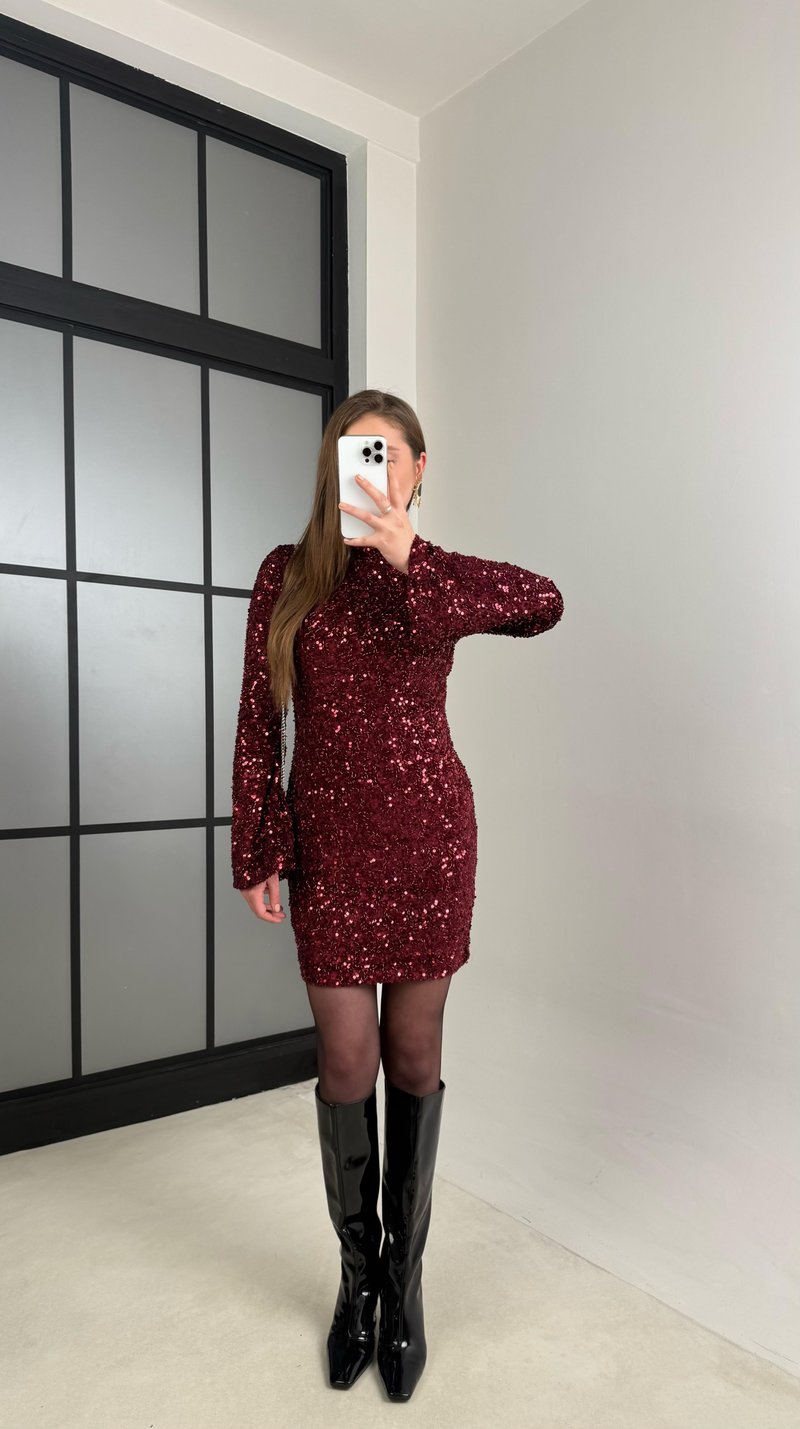 Bordo Uzun Kollu Payetli Tasarım Elbise GAUS-00904