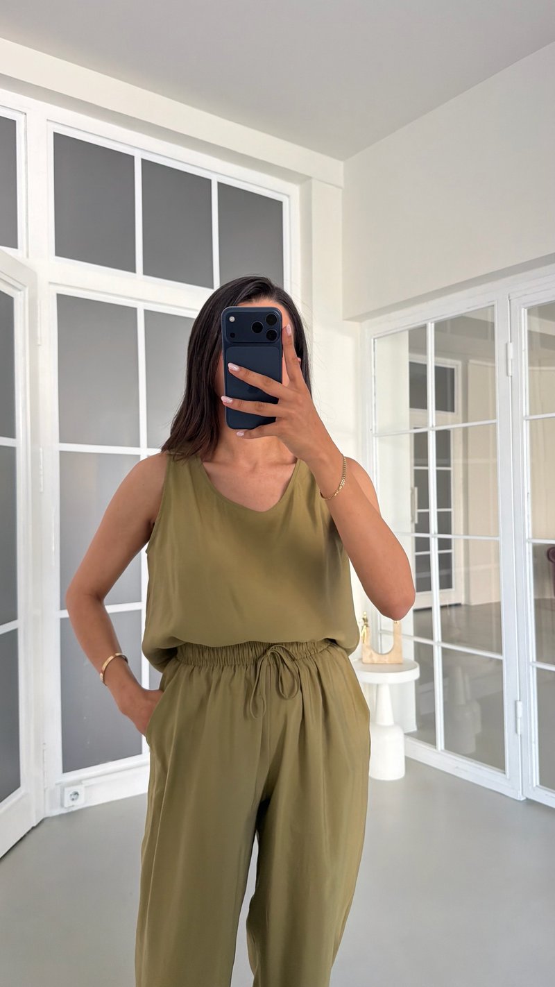 Yeşil Bluz Beli Lastikli Pantolon İkili Tencel Takım GAUS-01769