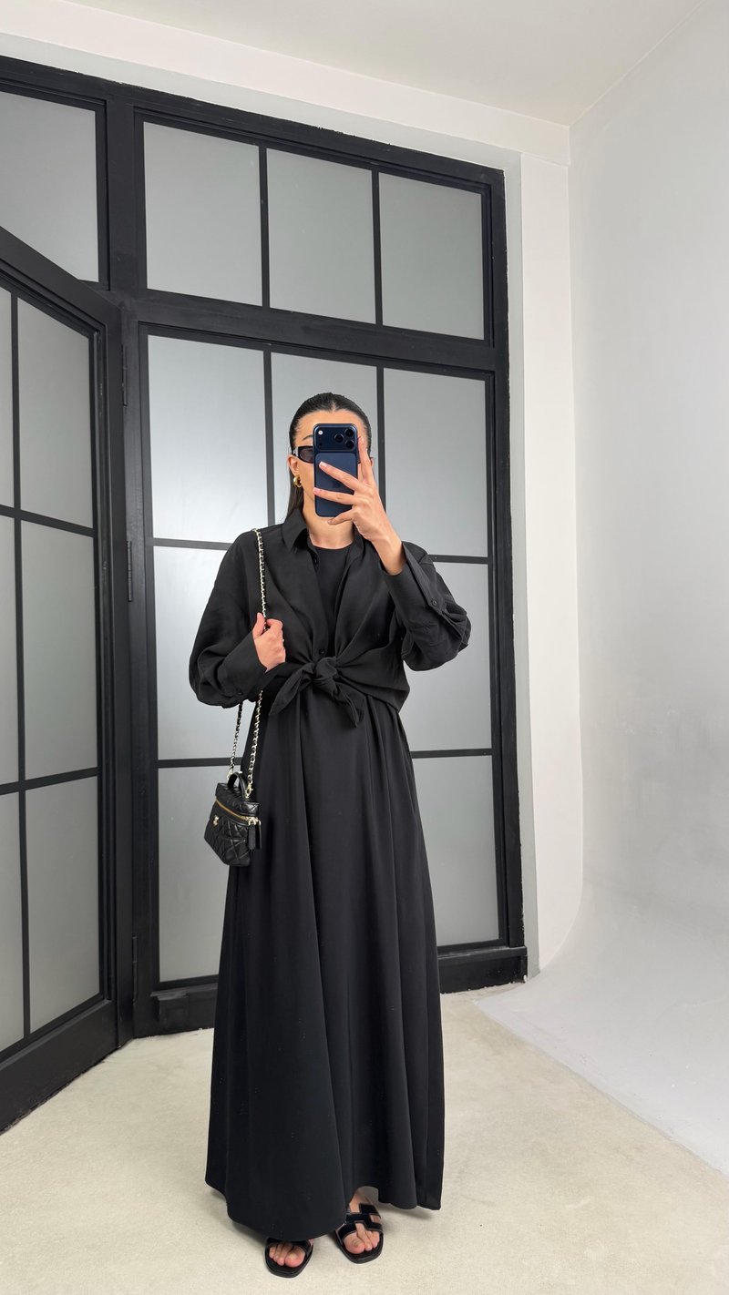 Siyah Gömlek Elbise Oversize İkili Tencel Takım GAUS-01423