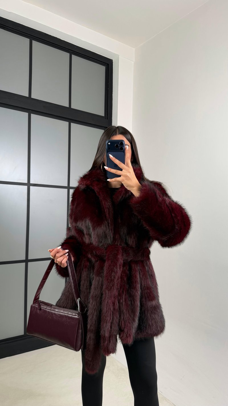 Bordo Astarlı Kuşaklı Premium Kürk GAUS-00649