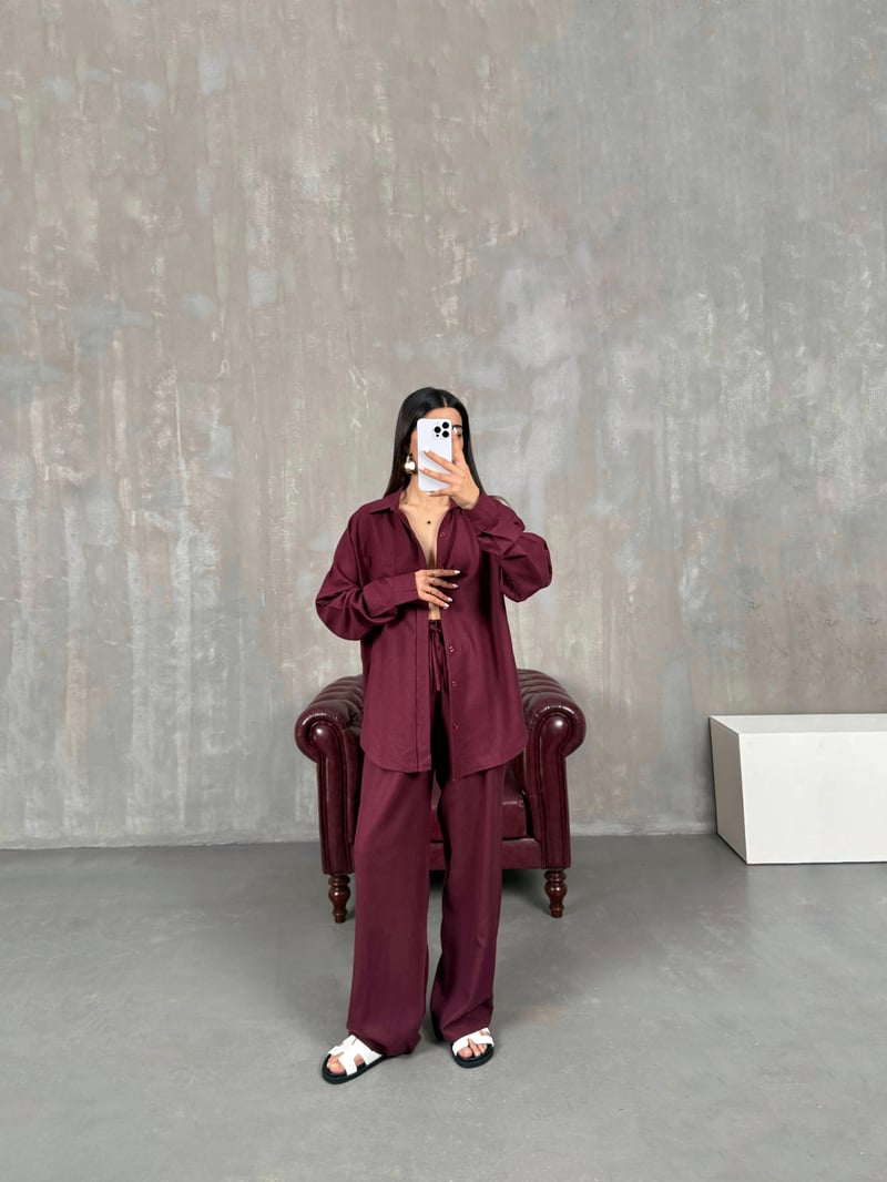 Bordo Gömlek Pantolon Keten Muadil Takım Gaus00080