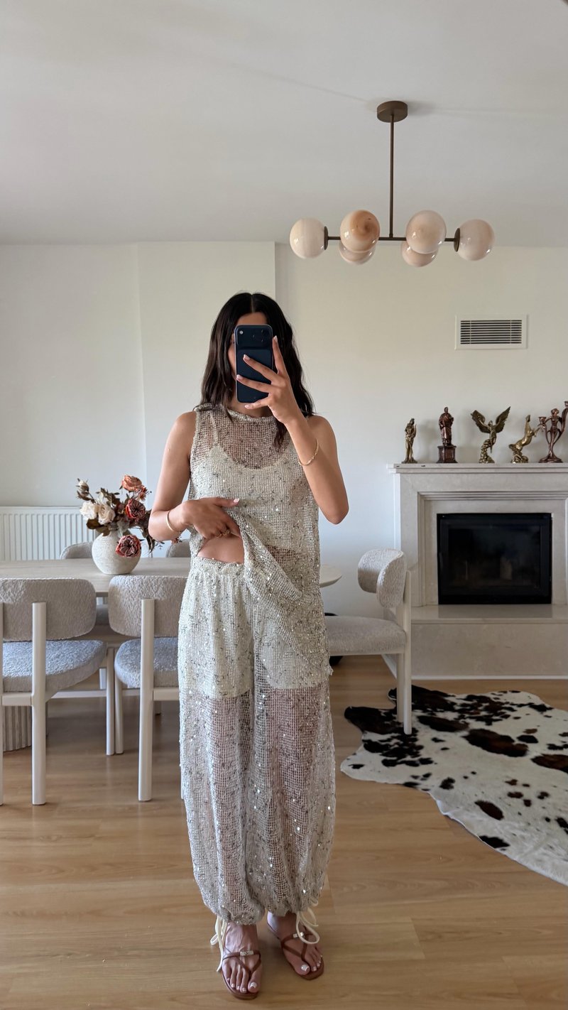 Ekru Muadil Şortlu Pullu Pantolon GAUS-01649