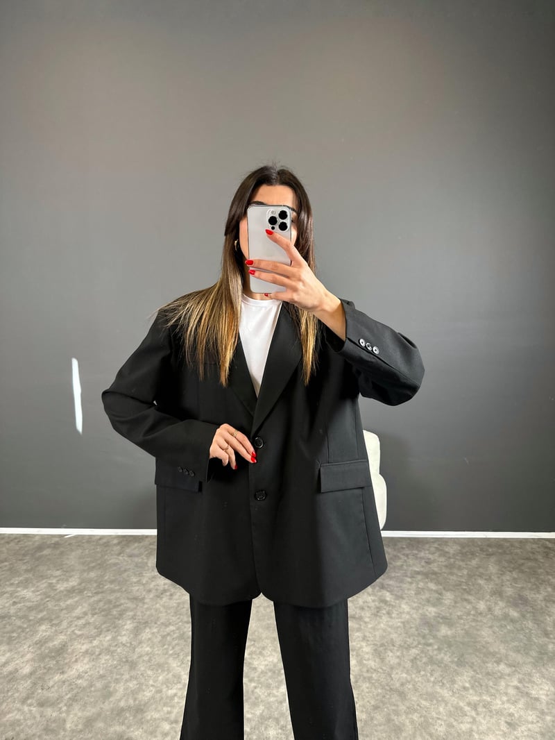Pascal Siyah Oversize Astarlı Blazer Ceket 