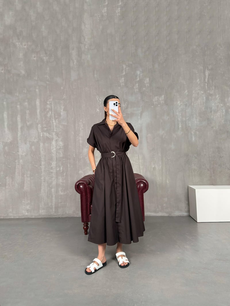 Acı Kahve Kuşaklı Beli Lastikli Poplin Gömlek Elbise Gaus00083