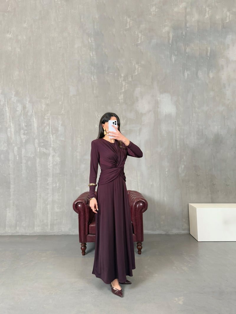 Daisy Mürdüm Önden Drape Detaylı Vatkalı Maxi Elbise