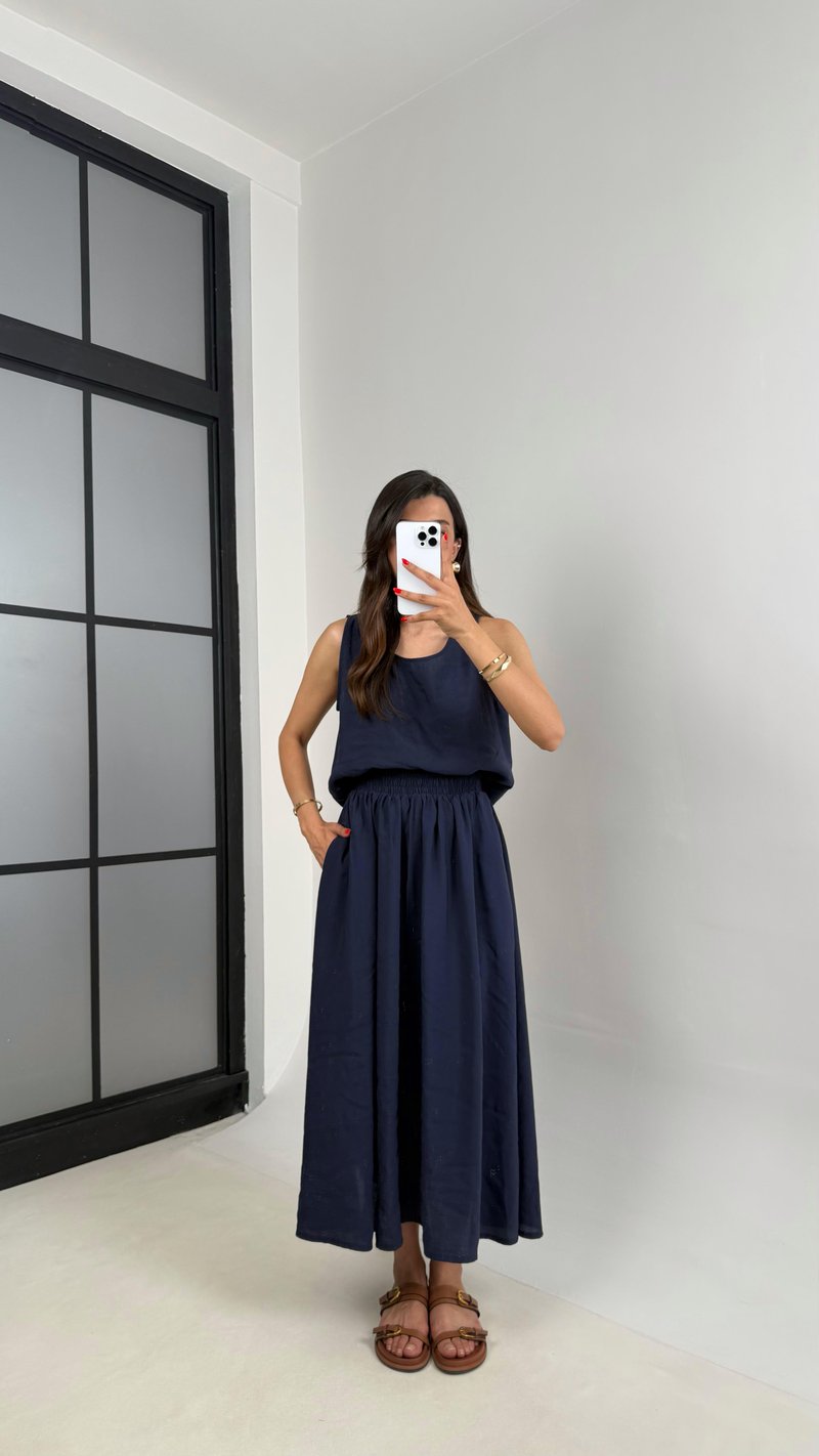Lacivert Bluz Beli Lastikli Etek İkili Kırışık Tencel Takım Gaus00522