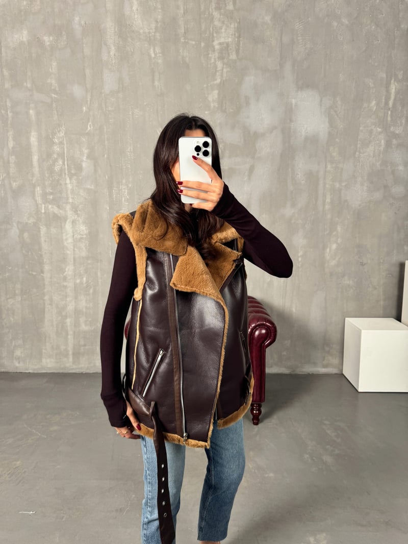 Sindo Kahve Peluş Deri Yelek Ceket