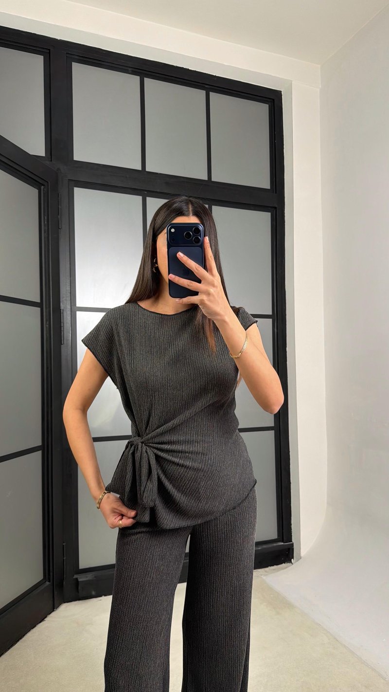 Antrasit Bağlama Detaylı Bluz Beli Lastikli Pantolon Krinkıl Kumaş Takım GAUS-01308