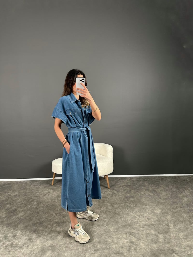 Vogi Mavi Premium Kalite Oversize Uzun Kemerli Kot Elbise