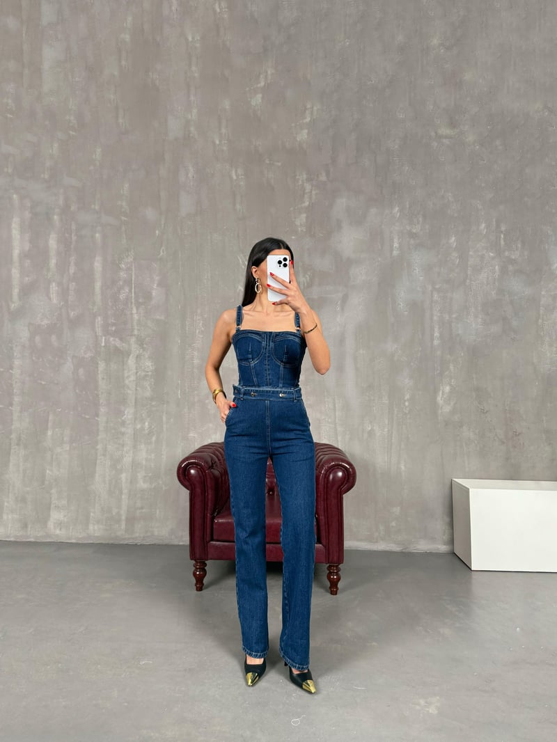 Mavi Kemer Detaylı Ayarlanabilir Askılı Fermuarlı Denim Tulum Gaus00163