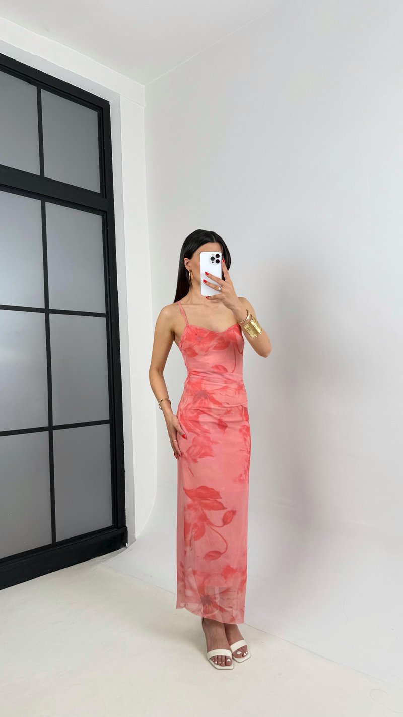Pembe Çiçek Baskılı Astarlı Ayarlanabilir Askılı Tül Elbise Gaus00291