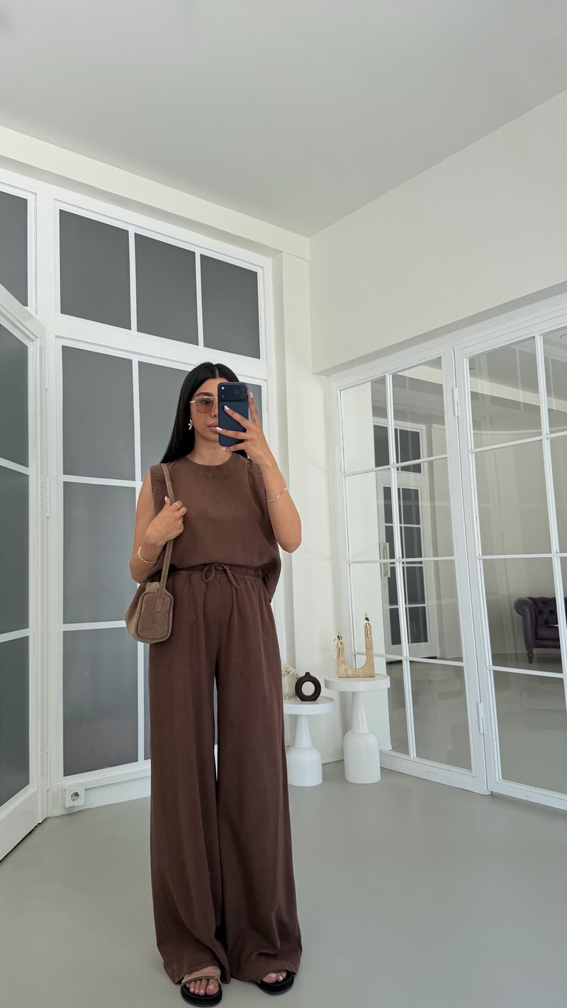 Kahve Bluz Beli Lastikli Pantolon Yıkamalı Tencel Takım GAUS-01795