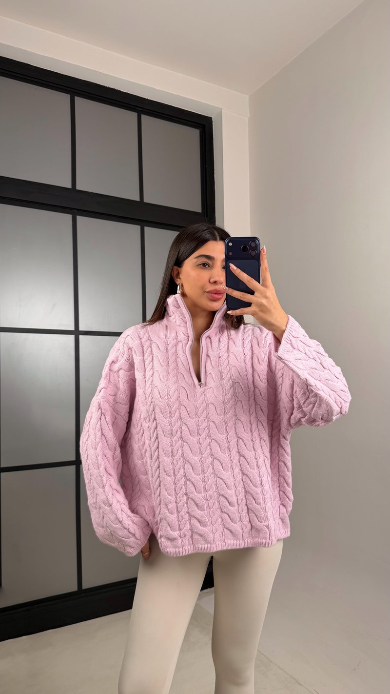 Lila Fermuarlı Saç Örgülü Kazak GAUS-00855