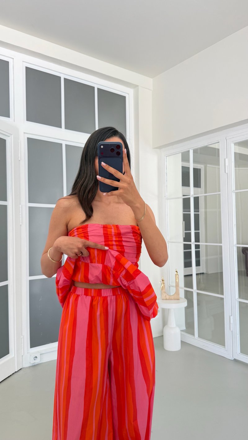 Pembe Çizgili Balon Bluz Beli Lastikli Şalvar Pantolon İkili Premium Takım GAUS-01817