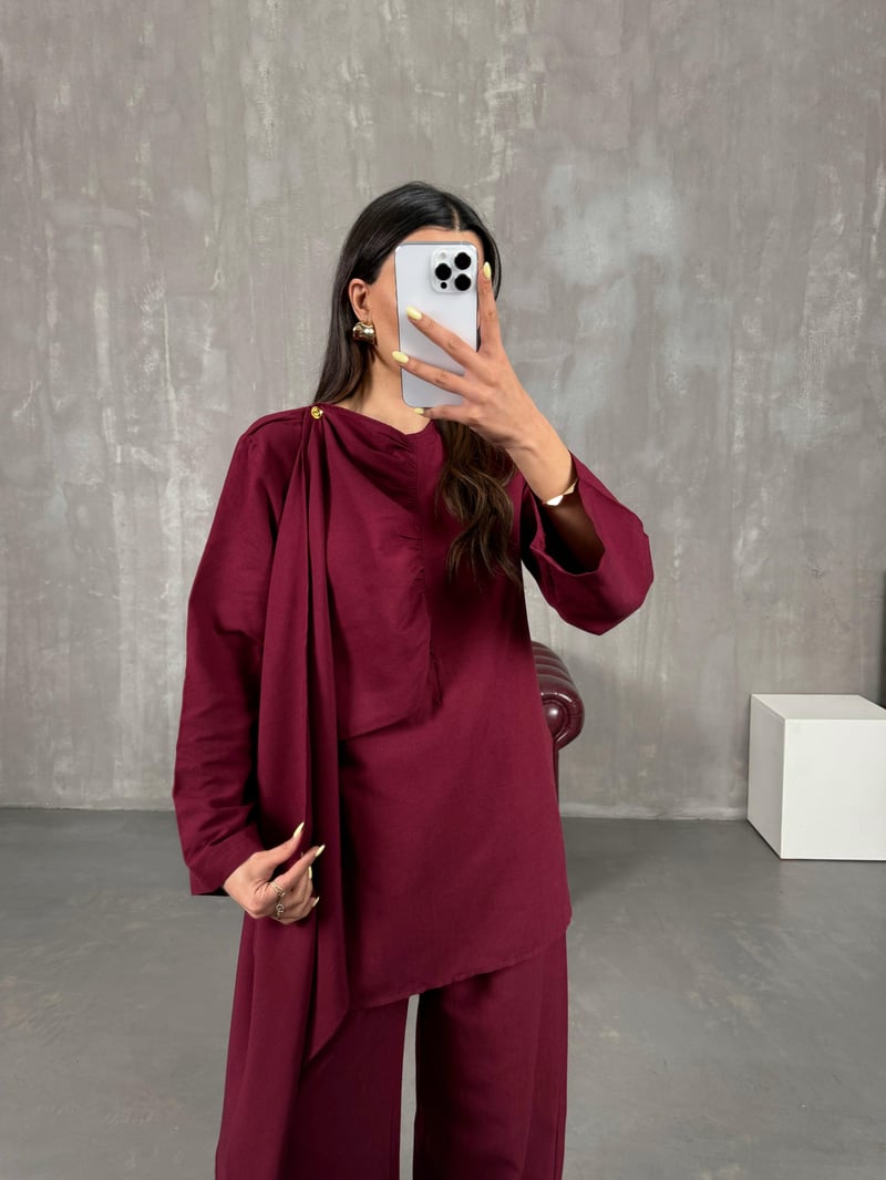 Bordo Şal Detaylı Keten Takım Gaus00142