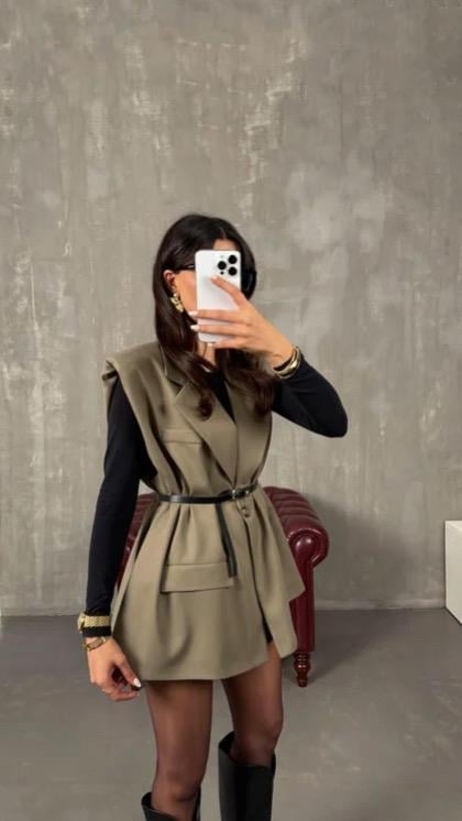 Haki Astarlı Vatkalı Kemerli Premium Yelek GAUS-01139