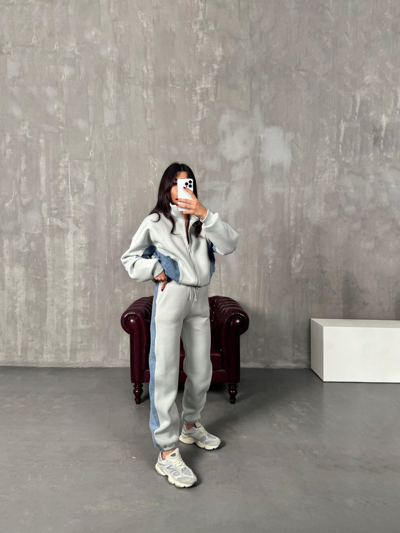 Lome Gri Denim Karışımlı Şardonlu Oversize Takım