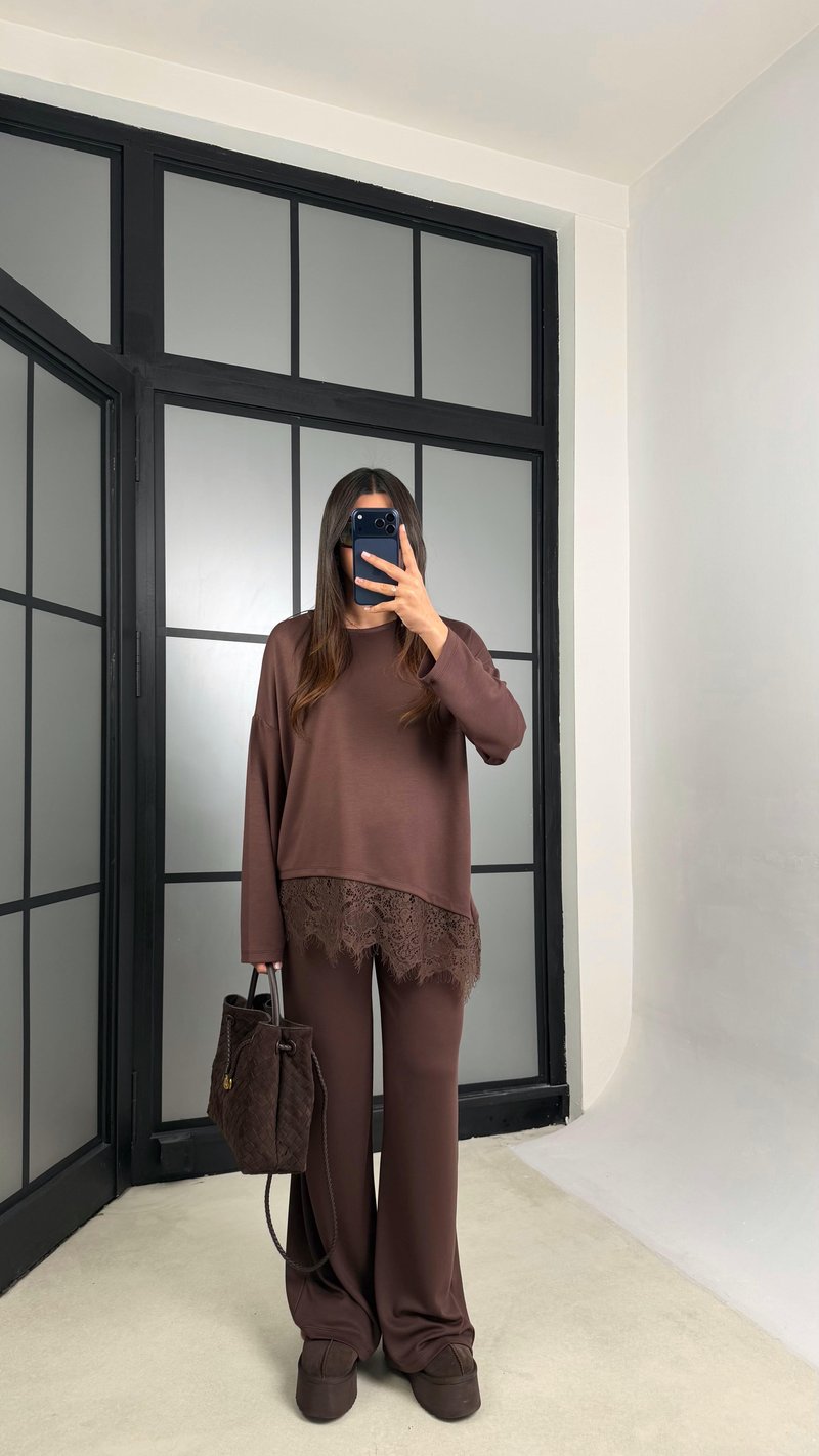 Kahve Dantel Detaylı Beli Lastikli Modal İkili Takım GAUS-01207