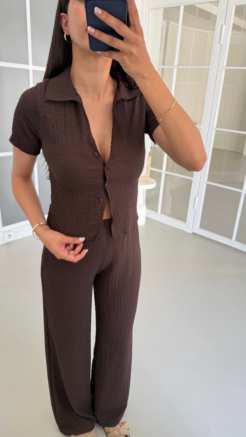 Acı Kahve Crop Bluz Beli Lastikli Pantolon Bürümcük Takım GAUS-01555