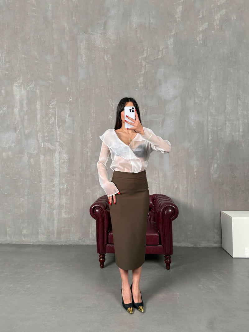 Nalya Kahve ZR Model Yırtmaçlı Kalem Etek