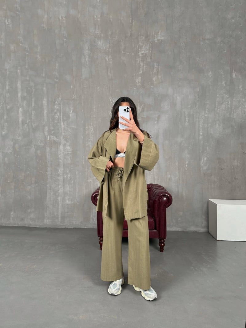 Sansa Haki Kuşaklı Keten Kimono Takım