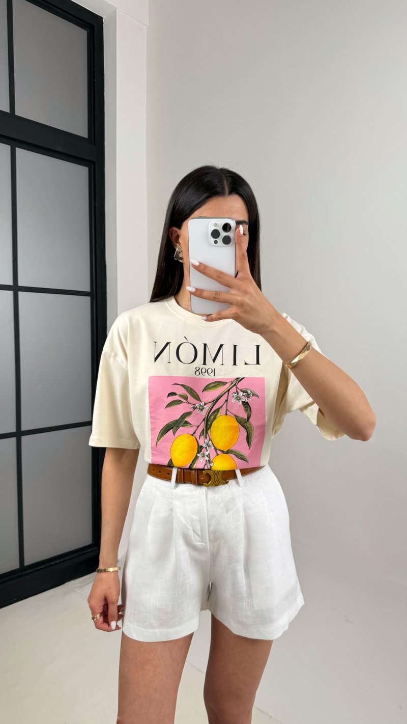 Ekru Limon Baskılı Basic Tshirt Gaus00416