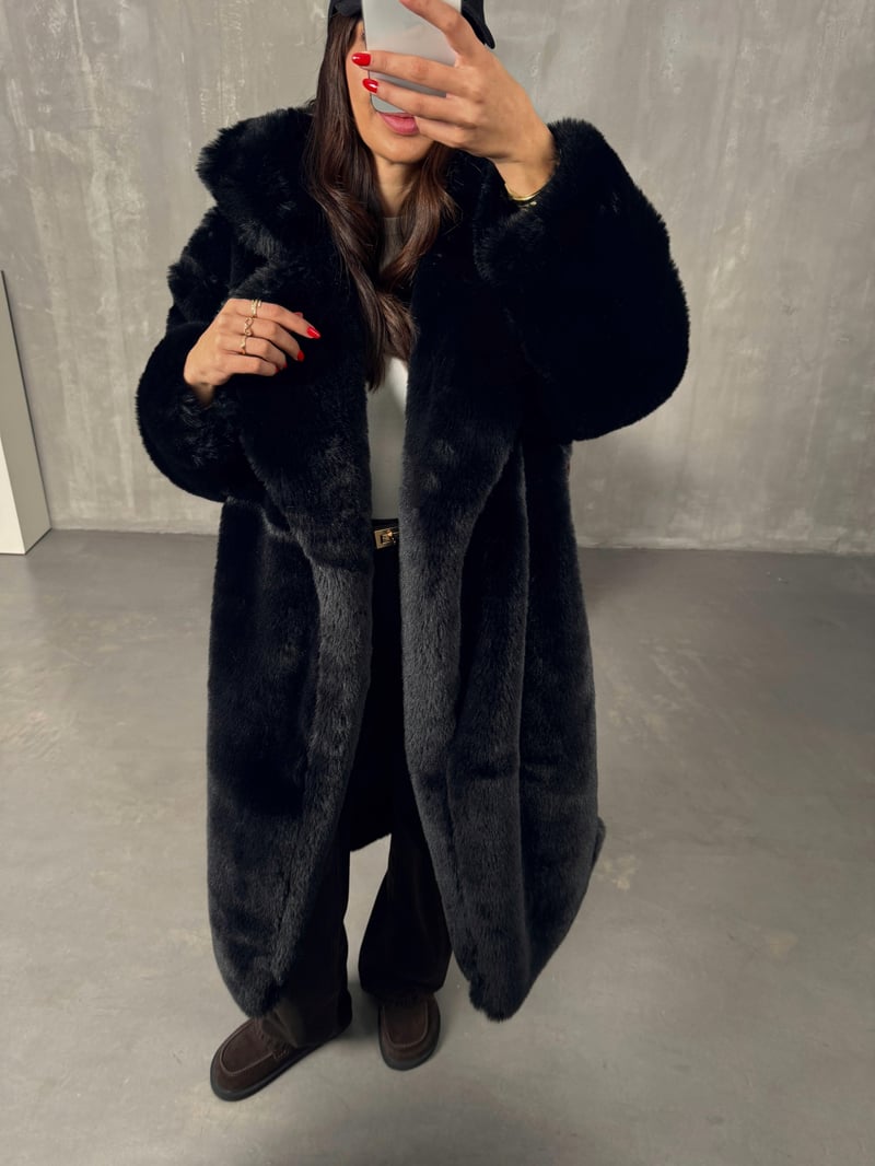 Wody Siyah Astarlı Premium Kürk Kaban 