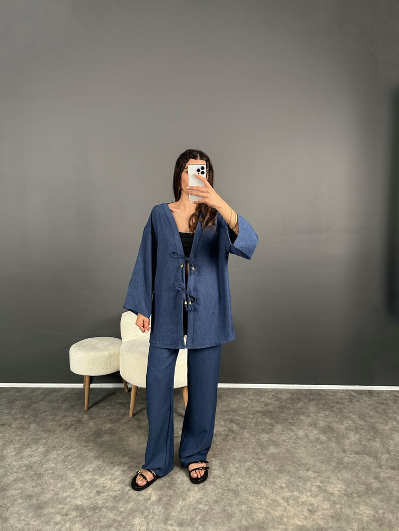 Gai Lacivert Kimono Keten Takım