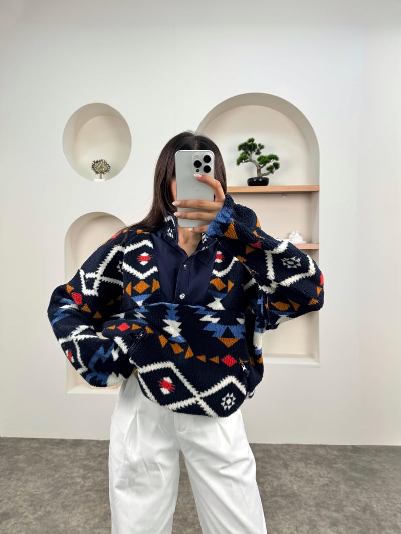 Jow Lacivert Desenli Yaka Çıtçıtlı Peluş Sweatshirt